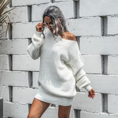 Dressbetty - Off-shoulder Lantern Sleeve Knitted Sweater Dress