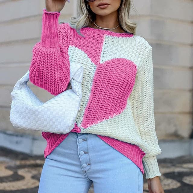 O Neck Love Print Patchwork Knitted Sweater