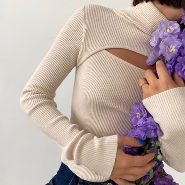 Dressbetty - Long Sleeve Slim Turtleneck Pullovers Autumn New Hollow Out Sweater Ofiice Lady Clothes