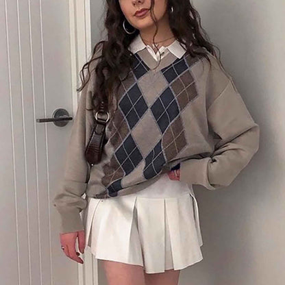 Dressbetty - Preppy Diamond Plaid Printed Knitted Sweater