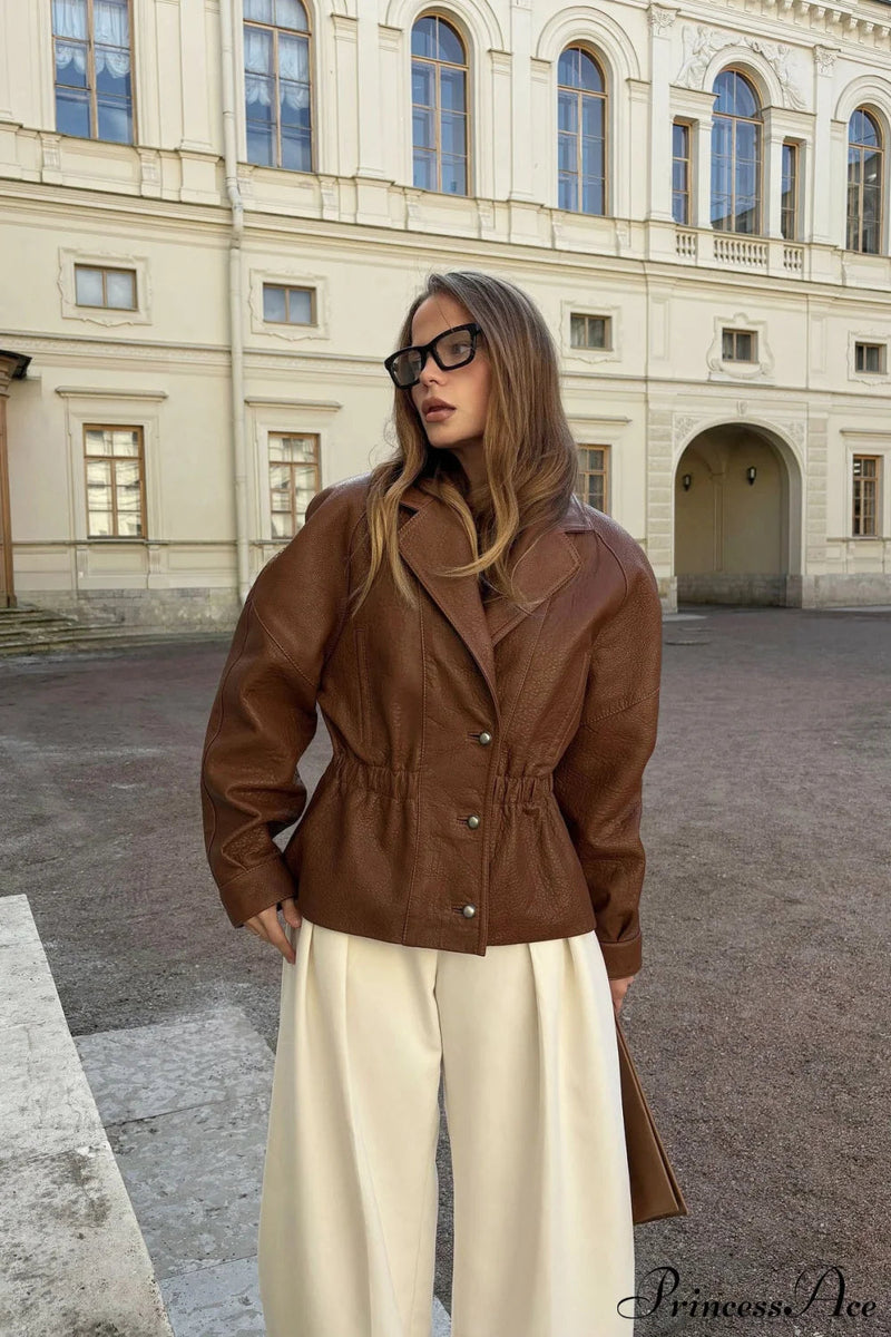 Pu Leather Blazer Collar Slim Coat