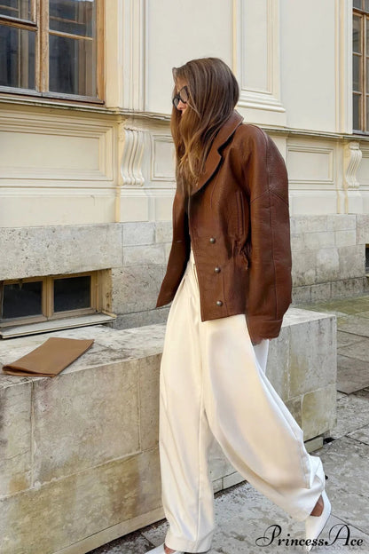 Pu Leather Blazer Collar Slim Coat