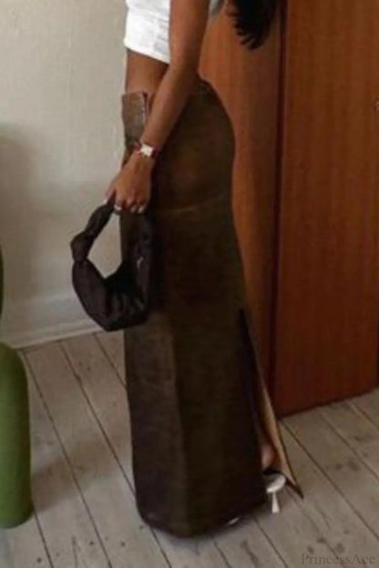Pu Leather Slim Fit Split Midi Skirt