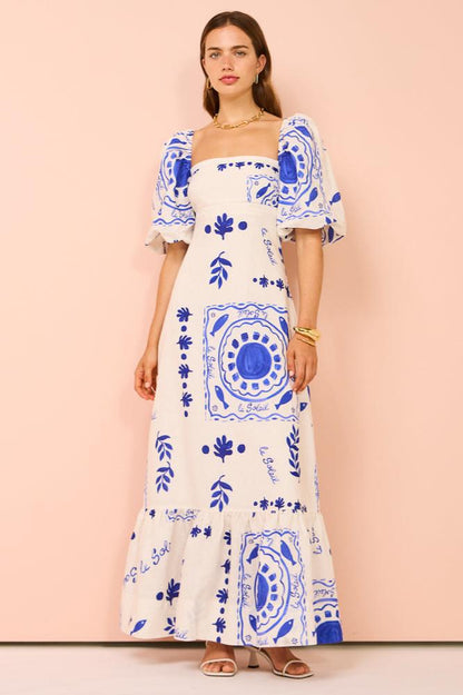 Mediterranean-puff Sleeve Midi Dress