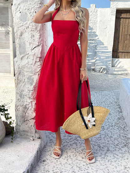 Dewy Days Halter Maxi Dress - Red