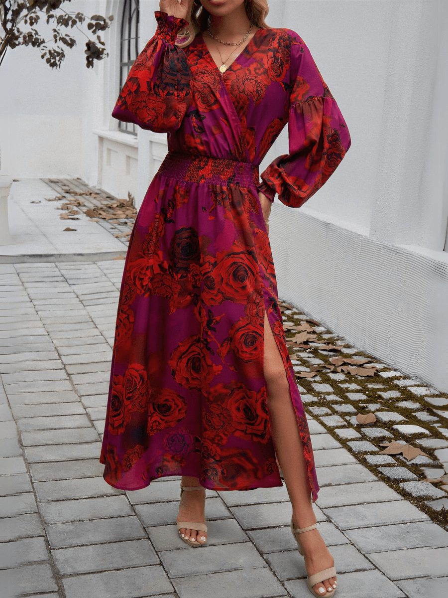 Lisette V-neck Print Tiered Maxi Dress - Red