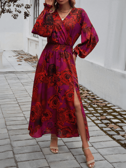 Lisette V-neck Print Tiered Maxi Dress - Red