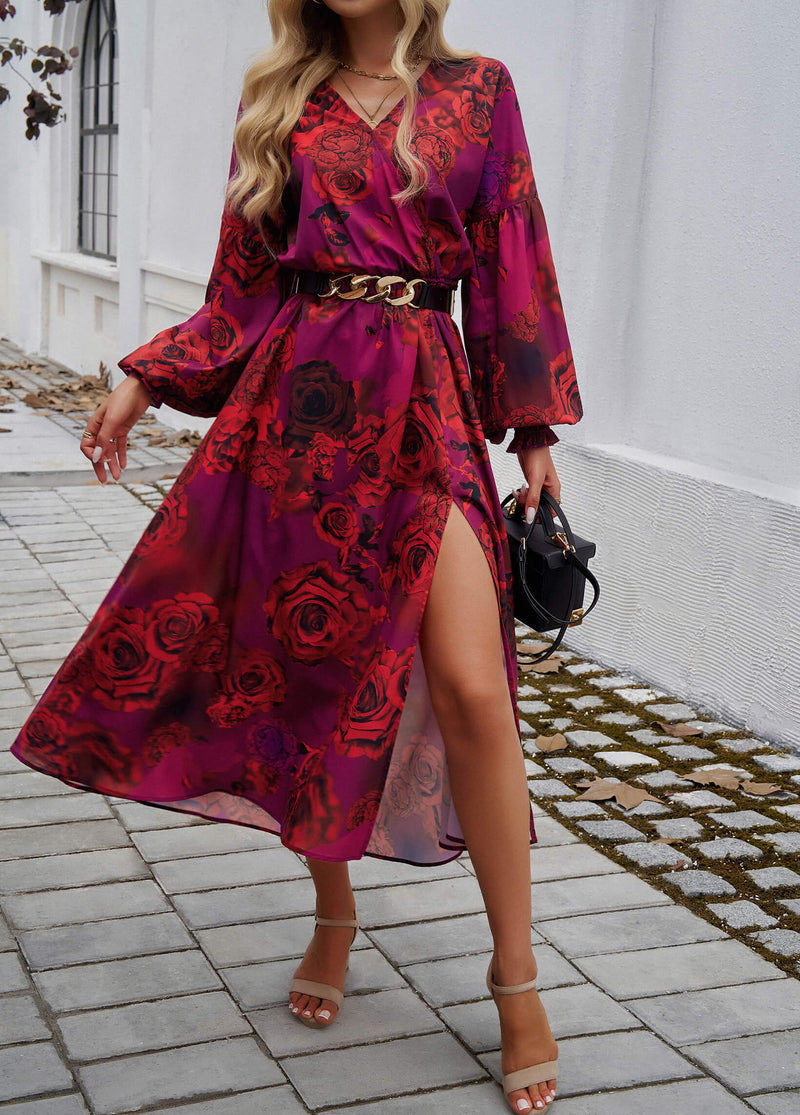 Lisette V-neck Print Tiered Maxi Dress - Red