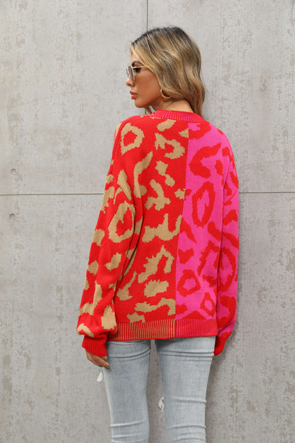Janelle Leopard Button Up Knit Cardigan - Red