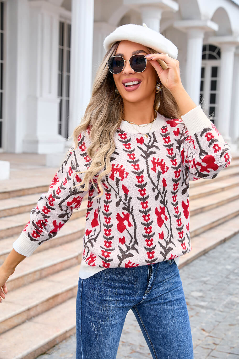 Adalia Pattern Knit Sweater - Red