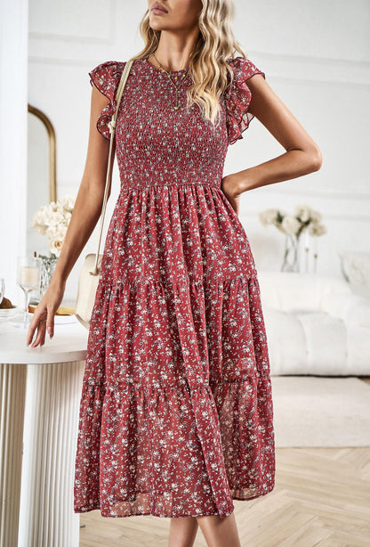 Always Falling Tiered Midi Dress - Red