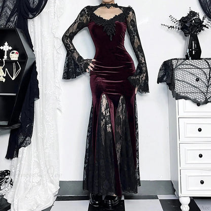 Mesh Velvet Hollow Out Long Dress