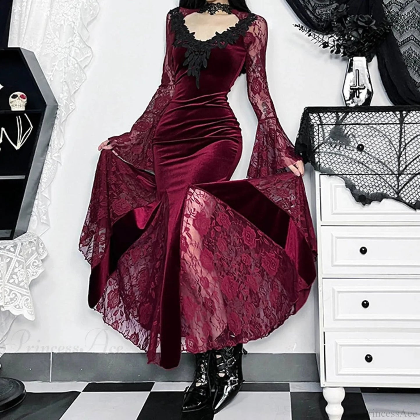 Mesh Velvet Hollow Out Long Dress