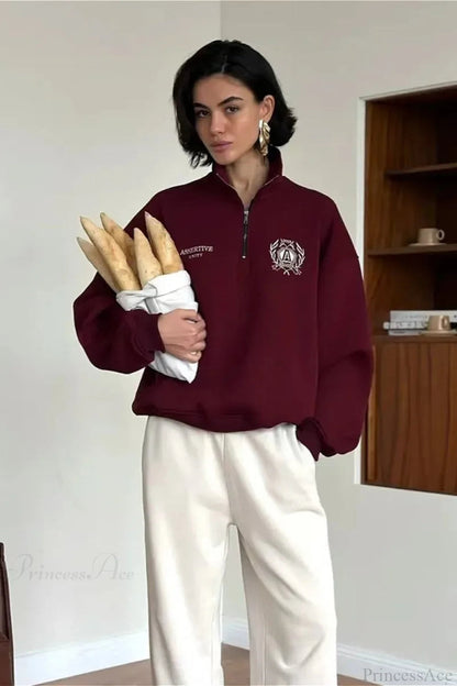 Relaxed Fleece-lined Half-zip Stand Collar Convertible Sweatshirts