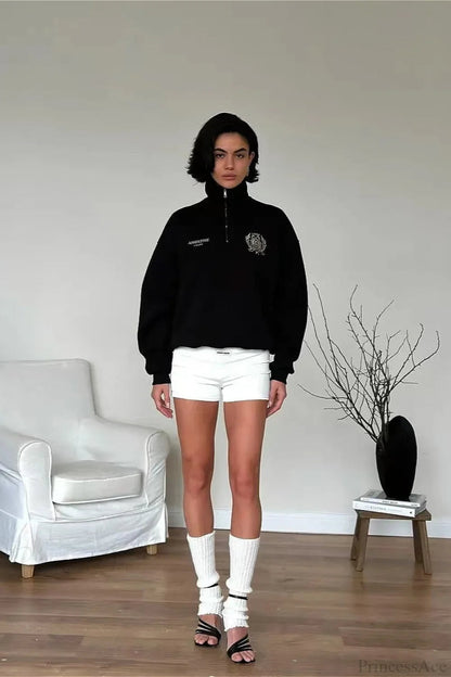 Relaxed Fleece-lined Half-zip Stand Collar Convertible Sweatshirts