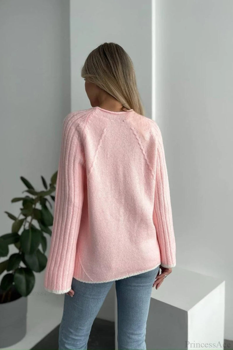 Rewneck Ribbed Base Bell Sleeve Loose Sweater