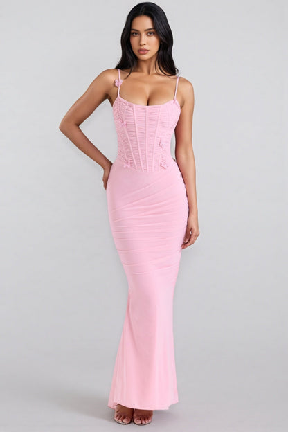 Ursin Pink Stretch Mesh Butterfly Maxi Dress