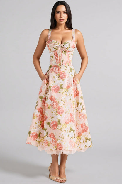 Aelin Pink Halter Print Midi Dress