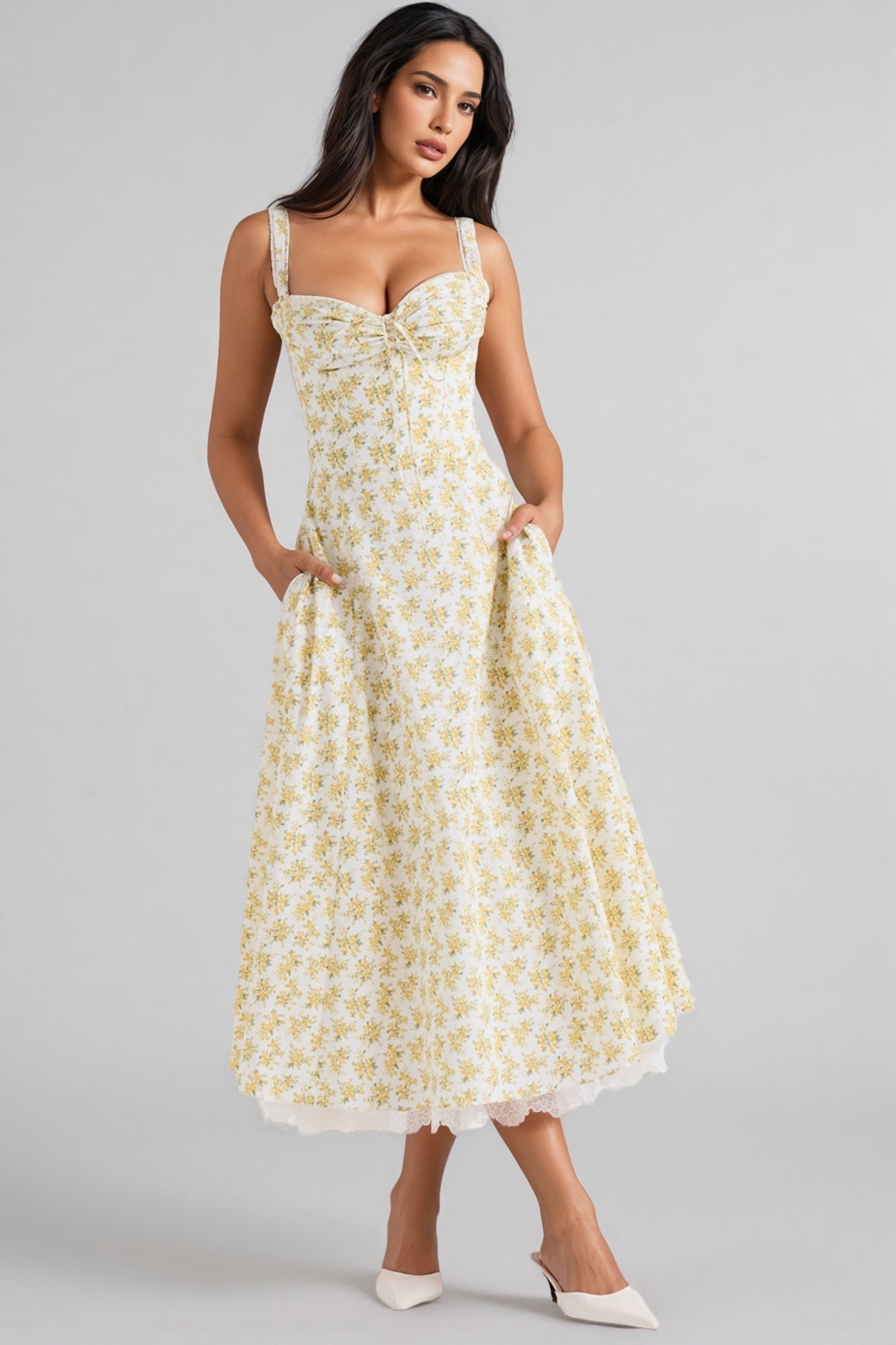 Emork White Print Cotton Midi Dress