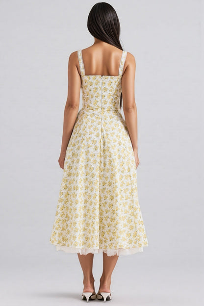 Emork White Print Cotton Midi Dress