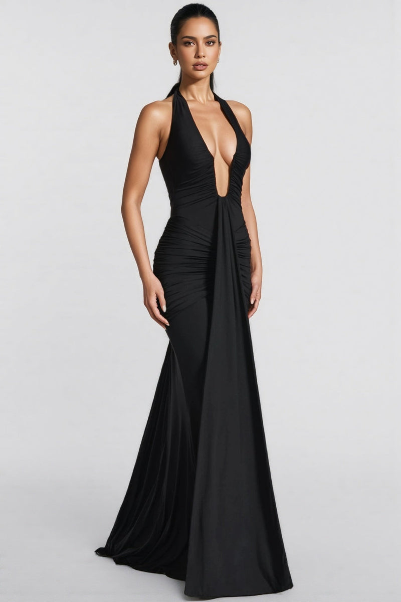 Patricia Black Deep V-neck Backless Maxi Dress