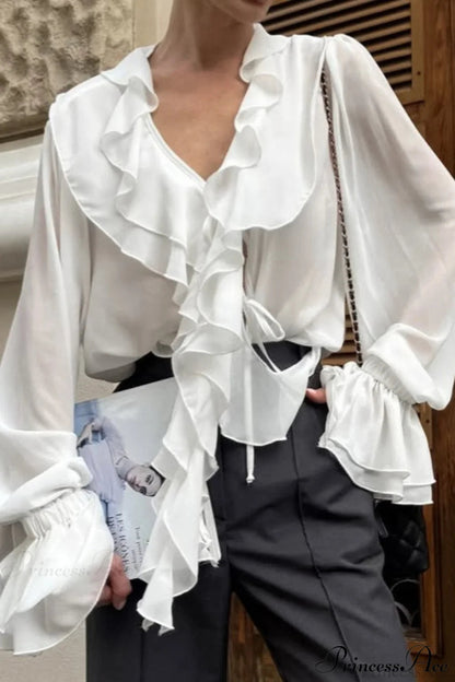 Ruffled V-neck Long-sleeve Tie-waist French Blouse