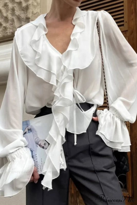 Ruffled V-neck Long-sleeve Tie-waist French Blouse