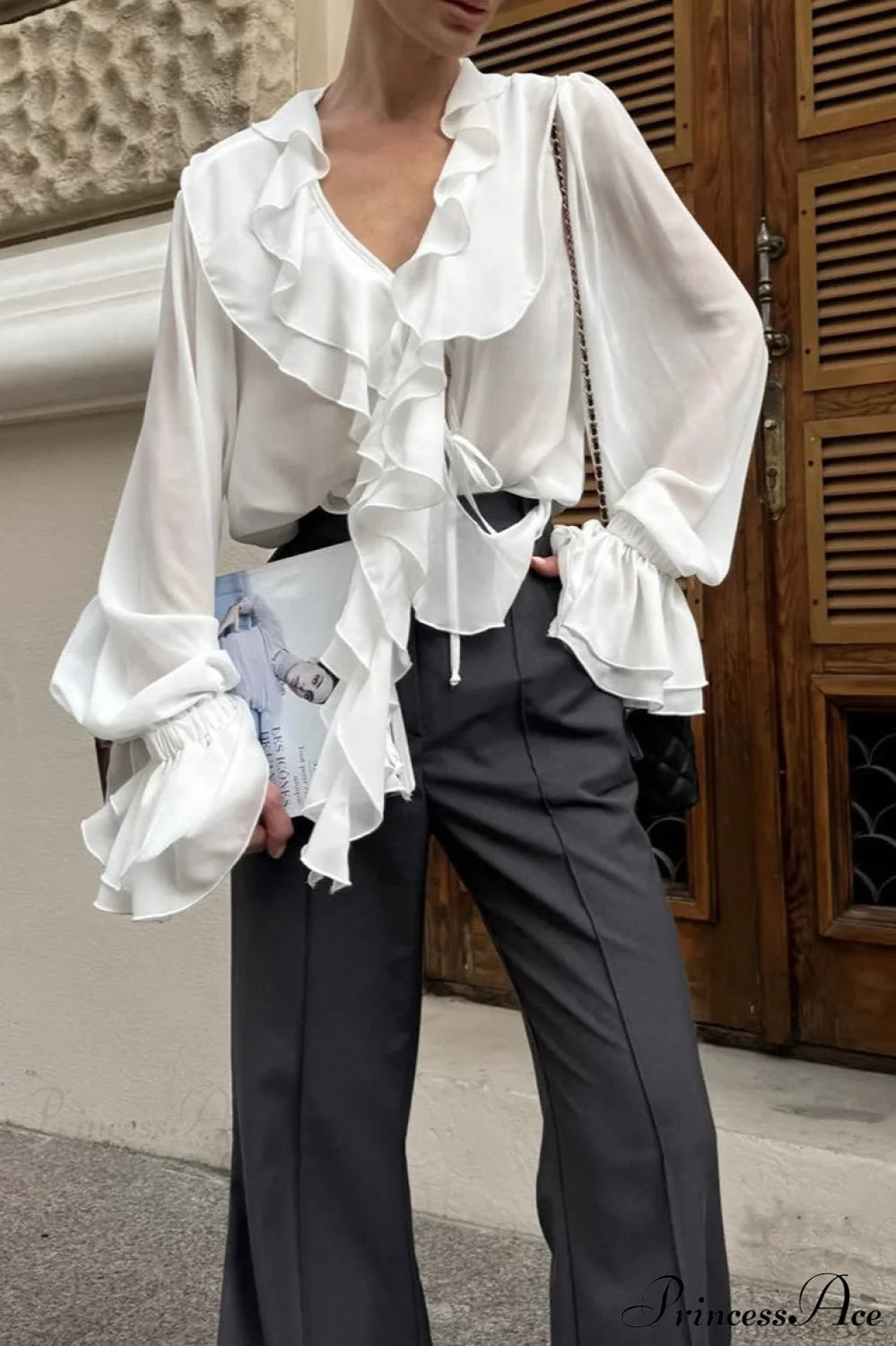Ruffled V-neck Long-sleeve Tie-waist French Blouse