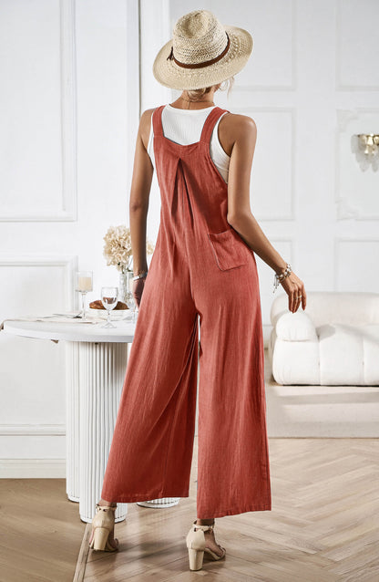 Linette Wide Leg Linen Overalls - Rust