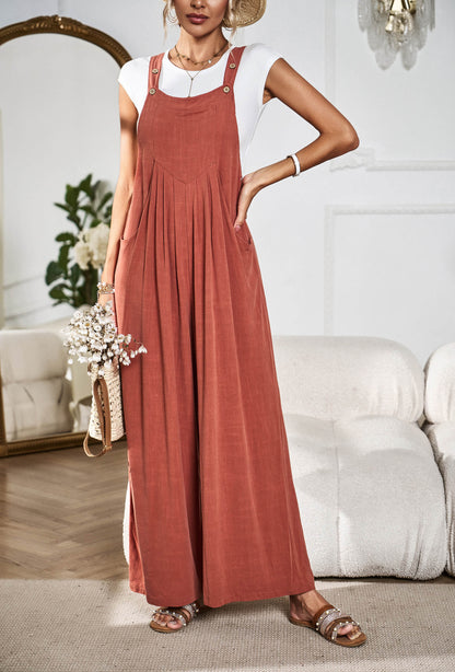 Linette Wide Leg Linen Overalls - Rust