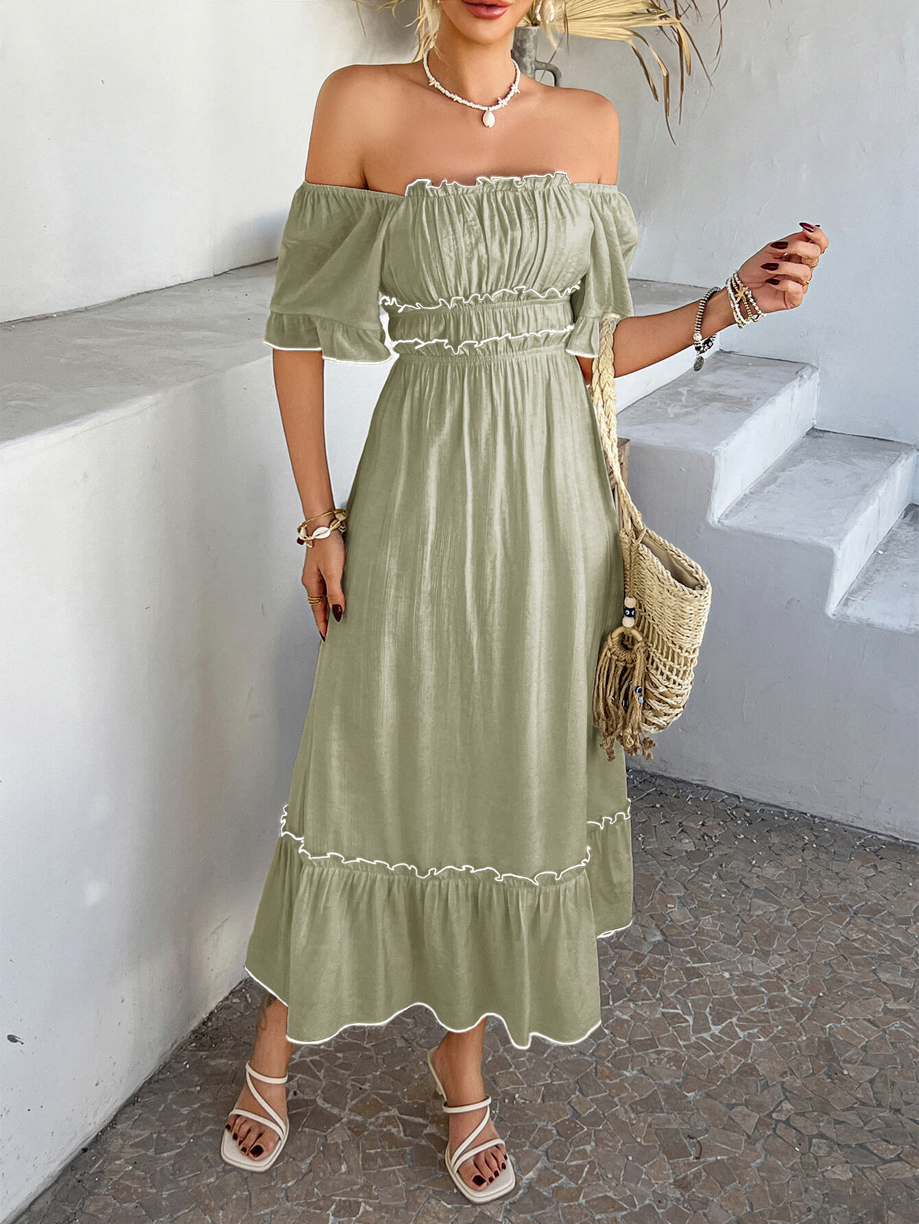 Aubrianna Ruched Contrast Trim Maxi Dress - Sage