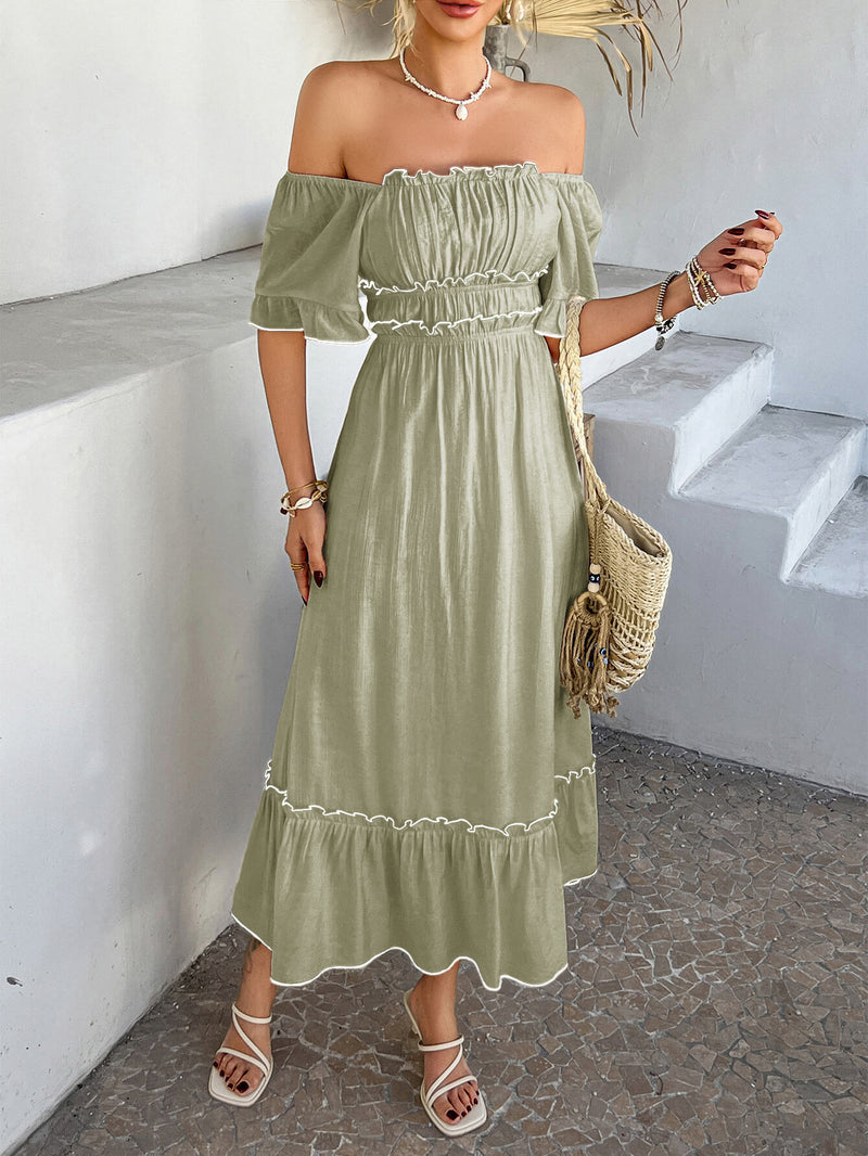 Aubrianna Ruched Contrast Trim Maxi Dress - Sage
