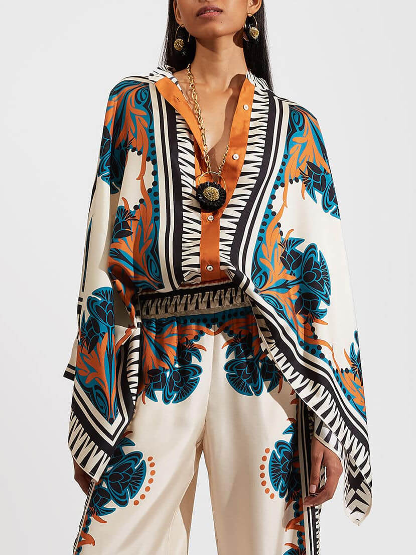Fine Satin Print Batwing Sleeve Pant Set