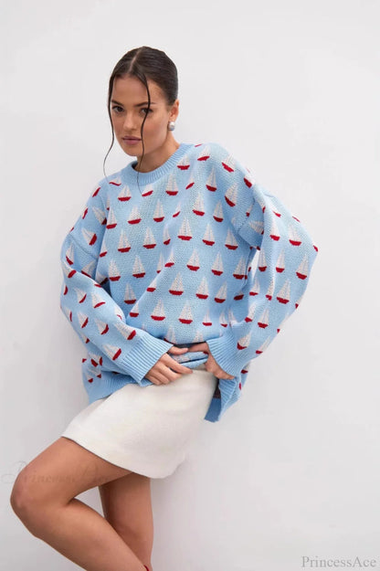 Sailboat Jacquard Loose Lazy Versatile Multi Color Pullover Knit Sweater