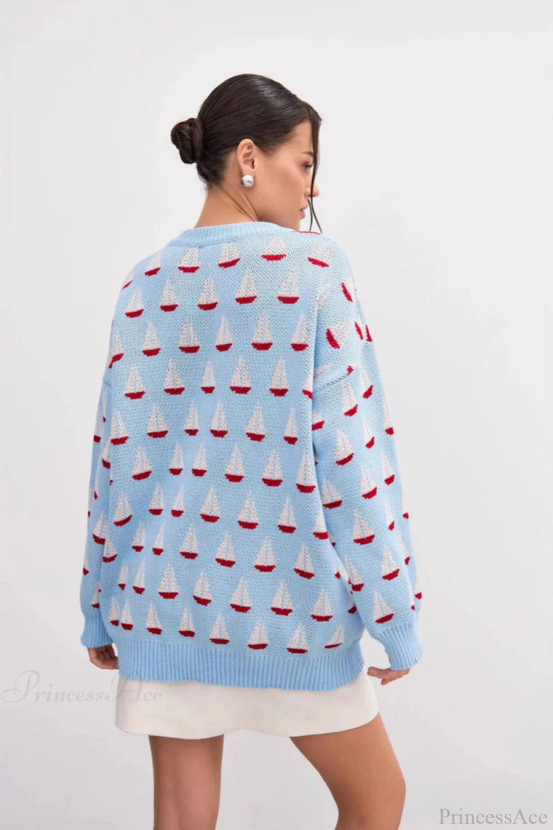 Sailboat Jacquard Loose Lazy Versatile Multi Color Pullover Knit Sweater