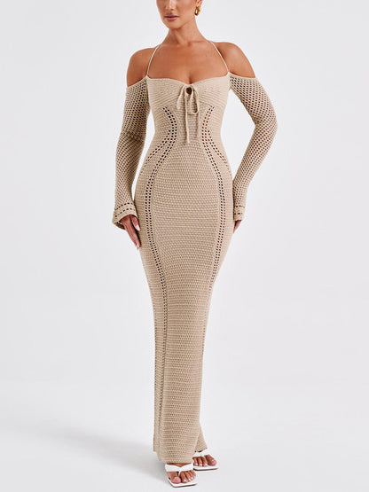 Backless Suspender Slim Hollow Long Sleeve Dress