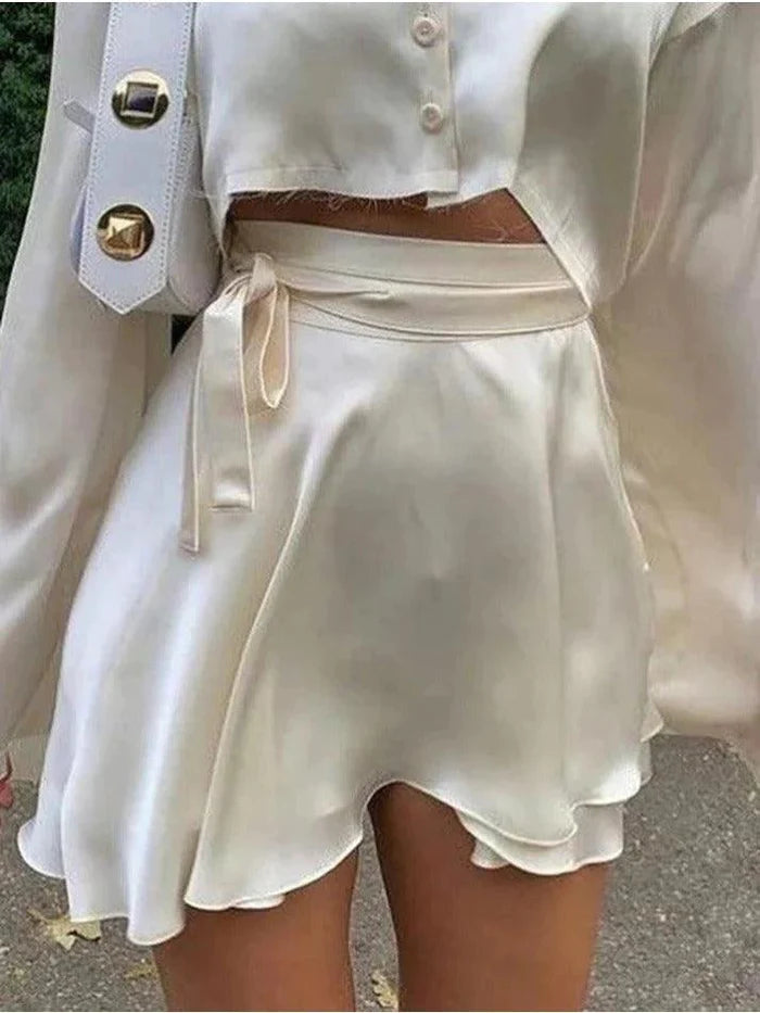White Satin Lace Up Mini Skirt
