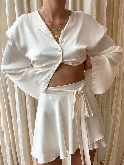 White Satin Lace Up Mini Skirt