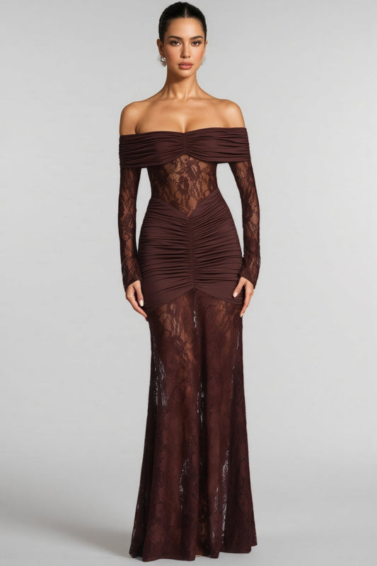 Velally Brown Lace Cut-out Fishtail Maxi Dress