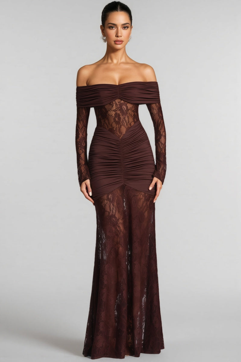 Velally Brown Lace Cut-out Fishtail Maxi Dress