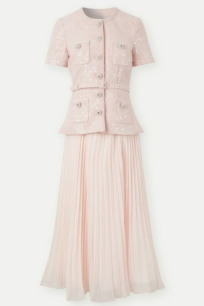 Andrea Pink Boucle Belted Midi Dress Set