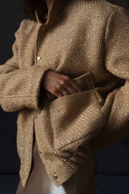 Sequin Metallic Stand Collar Loose Coat