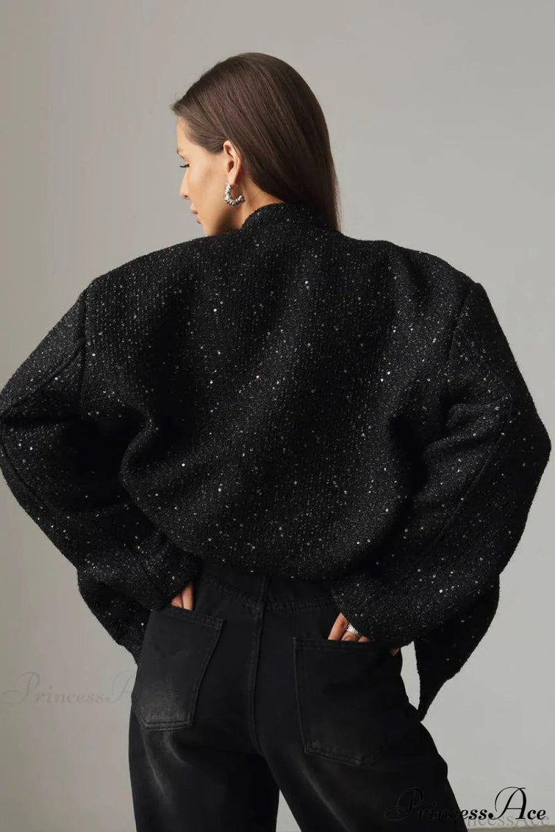 Sequin Metallic Stand Collar Loose Coat