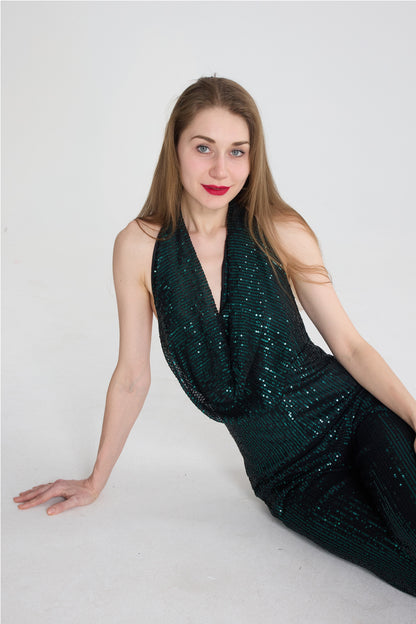 Sequin Cowl Neck Backless Jumpsuits