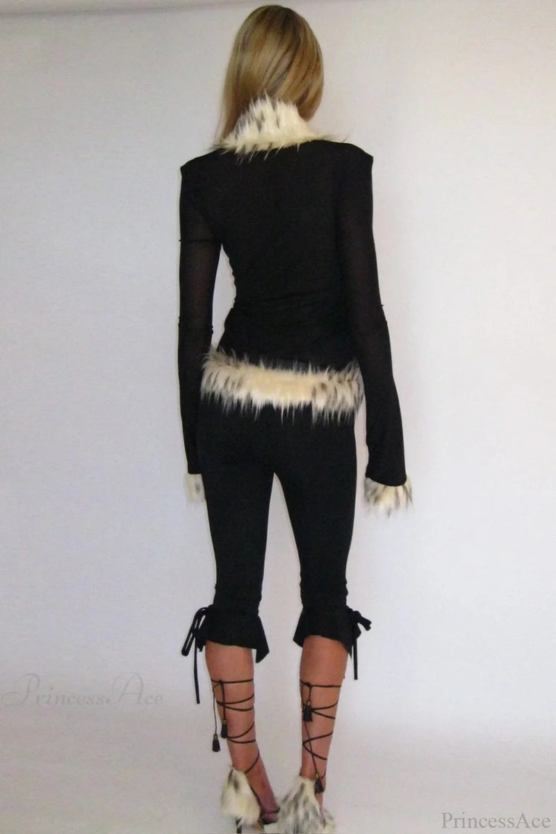 Fur Collar Tulle Panel Cropped Long Sleeve Blouse