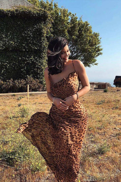 Leopard Spaghetti Strap Backless Maxi Dress