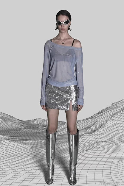 Rhinestone Embellished Off-the-shoulder Tulle Blouse