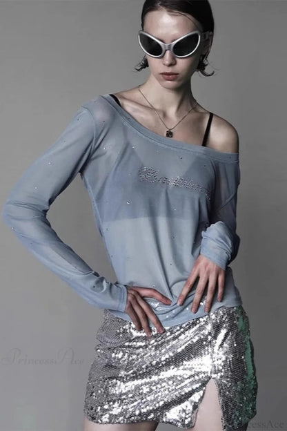 Rhinestone Embellished Off-the-shoulder Tulle Blouse