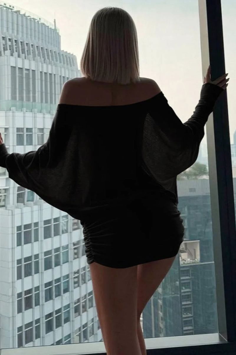 Color Batwing Off-the-shoulder Long Sleeve Blouse