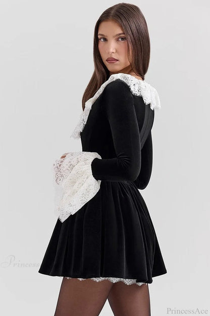 Square Neck Lace Trim Flared Sleeve Mini Dress